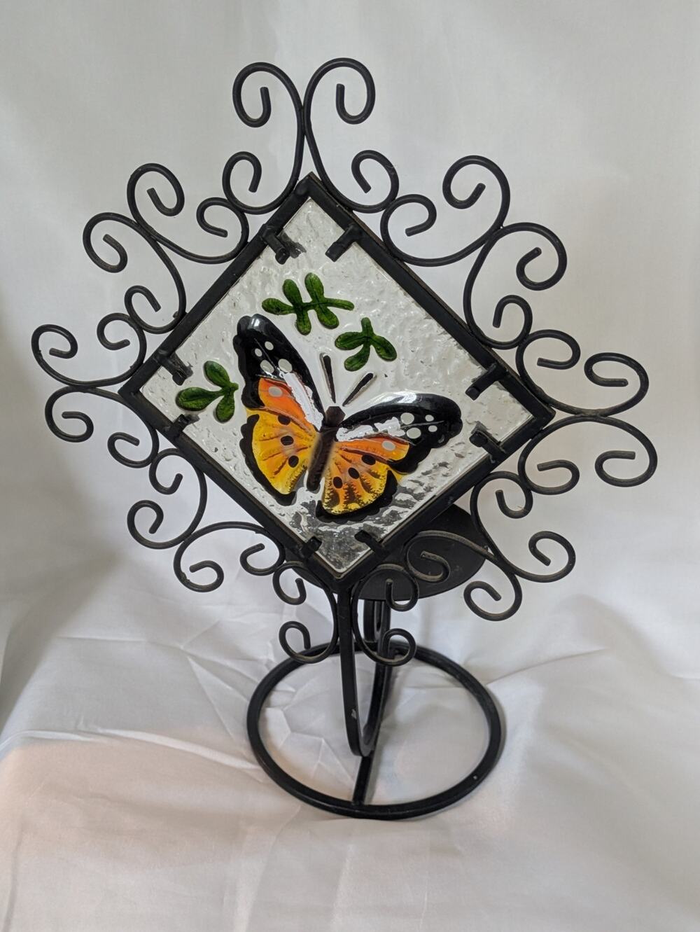 ArtGlass Stained Glass Butterfly Candle Holder 12" Metal Scroll Tabletop Decor